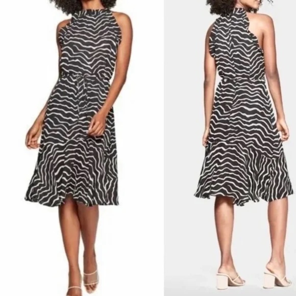 Who What Wear Black and White Wavy Halter Midi Dress